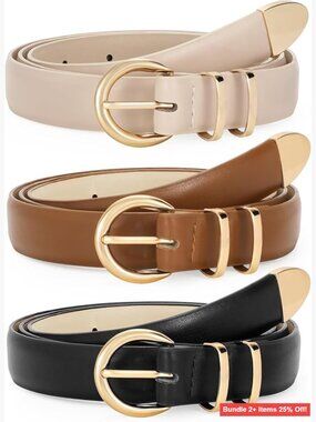 3 Pack Women's Skinny Leather Belts Adjustable Waist Belt Gold Buckle